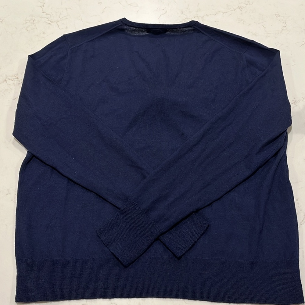 Navy J Crew v-neck wool sweater, long sleeve with fluid bow. - Picture 2 of 4